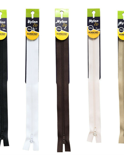 KORBOND High Quality 25cm Nylon Zips Black White Brown Cream Khaki Closed Ended