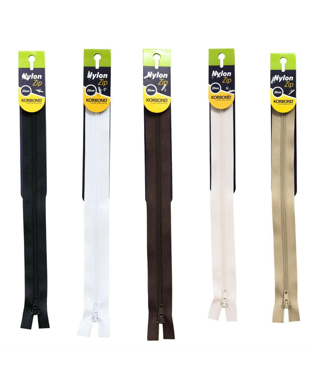 KORBOND High Quality 25cm Nylon Zips Black White Brown Cream Khaki Closed Ended