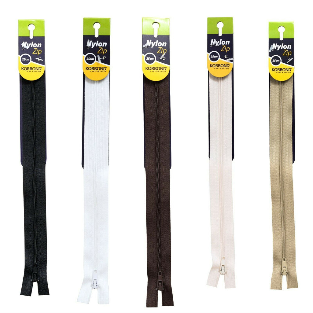 KORBOND High Quality 25cm Nylon Zips Black White Brown Cream Khaki Closed Ended