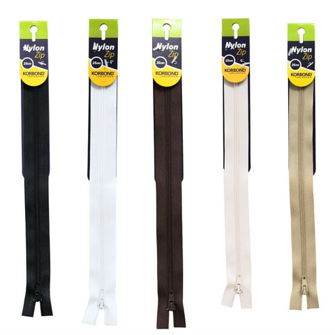KORBOND High Quality 25cm Nylon Zips Black White Brown Cream Khaki Closed Ended