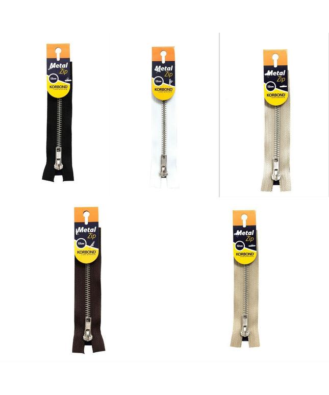 KORBOND High Quality 12cm METAL Zips Black White Brown Cream Khaki Closed Ended