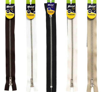 KORBOND High Quality 25cm METAL Zips Black White Brown Cream Khaki Closed Ended