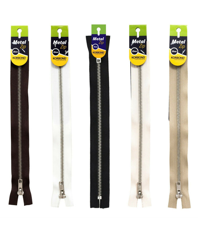 KORBOND High Quality 25cm METAL Zips Black White Brown Cream Khaki Closed Ended
