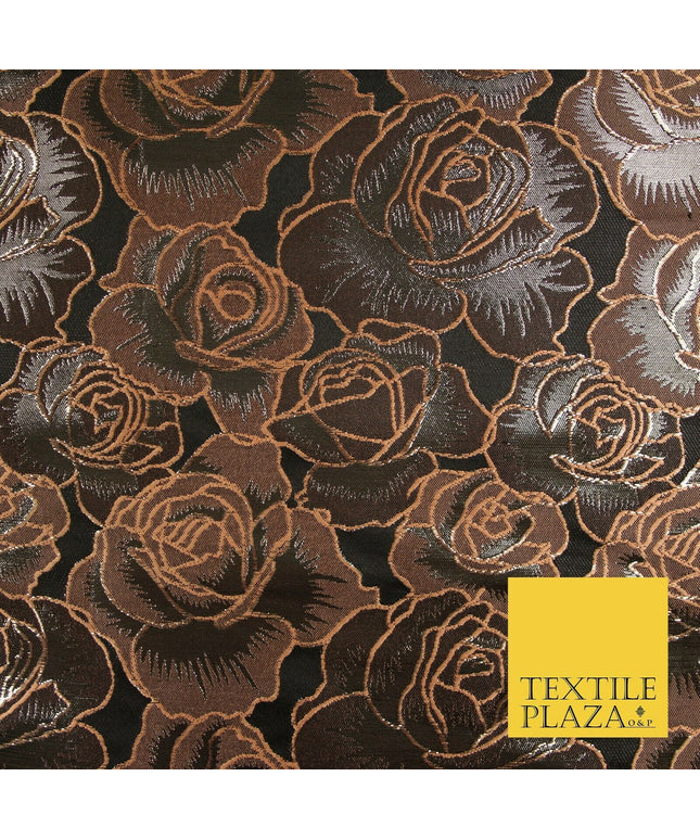 Black Peach Outline Floral Roses Textured Brocade Jacquard Dress Fabric 6783
