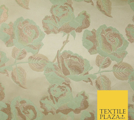 Cream Gold Mint Green Blooming Leafy Rose Flowers Brocade Jacquard Fabric 6787