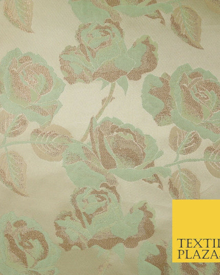 Cream Gold Mint Green Blooming Leafy Rose Flowers Brocade Jacquard Fabric 6787