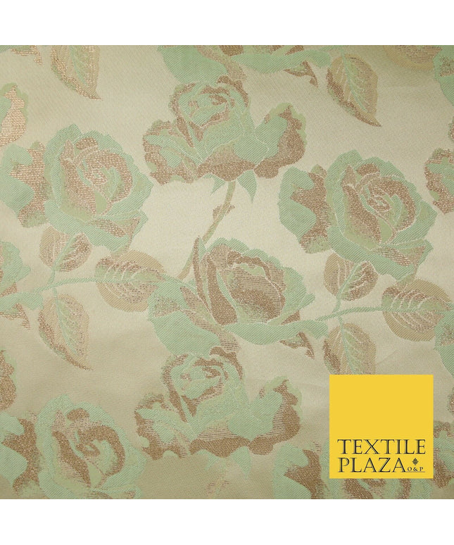 Cream Gold Mint Green Blooming Leafy Rose Flowers Brocade Jacquard Fabric 6787