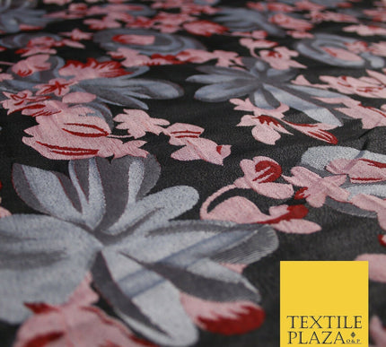 Dark Grey / Wine / Pink Artsy Floral Textured Brocade Jacquard Dress Fabric 6786