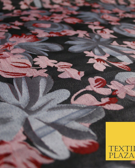 Dark Grey / Wine / Pink Artsy Floral Textured Brocade Jacquard Dress Fabric 6786