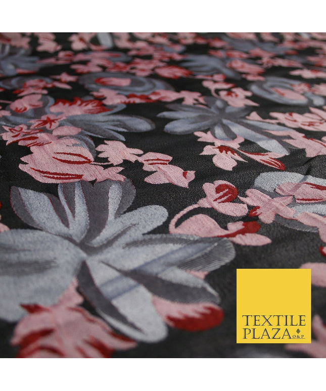 Dark Grey / Wine / Pink Artsy Floral Textured Brocade Jacquard Dress Fabric 6786