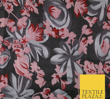 Dark Grey / Wine / Pink Artsy Floral Textured Brocade Jacquard Dress Fabric 6786