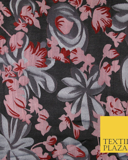 Dark Grey / Wine / Pink Artsy Floral Textured Brocade Jacquard Dress Fabric 6786