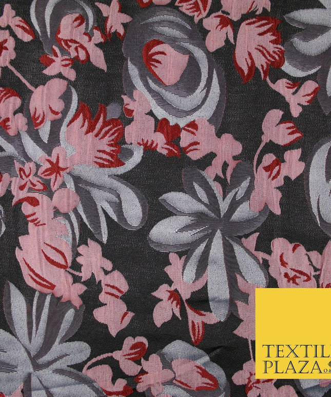 Dark Grey / Wine / Pink Artsy Floral Textured Brocade Jacquard Dress Fabric 6786