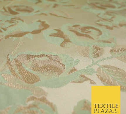 Cream Gold Mint Green Blooming Leafy Rose Flowers Brocade Jacquard Fabric 6787