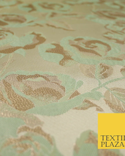 Cream Gold Mint Green Blooming Leafy Rose Flowers Brocade Jacquard Fabric 6787