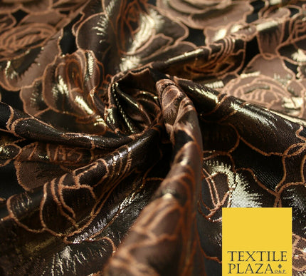 Black Peach Outline Floral Roses Textured Brocade Jacquard Dress Fabric 6783