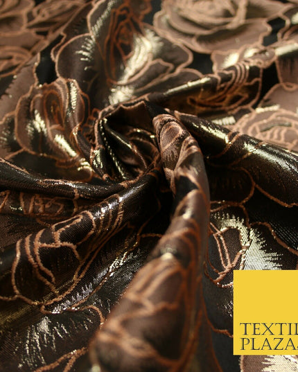 Black Peach Outline Floral Roses Textured Brocade Jacquard Dress Fabric 6783
