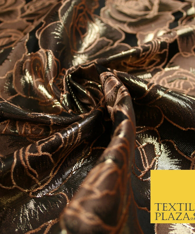 Black Peach Outline Floral Roses Textured Brocade Jacquard Dress Fabric 6783