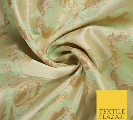 Cream Gold Mint Green Blooming Leafy Rose Flowers Brocade Jacquard Fabric 6787