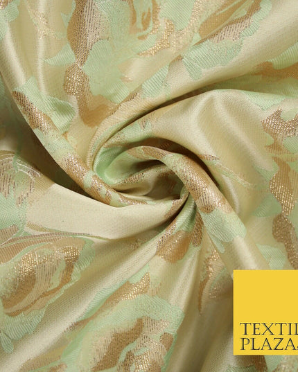 Cream Gold Mint Green Blooming Leafy Rose Flowers Brocade Jacquard Fabric 6787