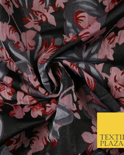 Dark Grey / Wine / Pink Artsy Floral Textured Brocade Jacquard Dress Fabric 6786