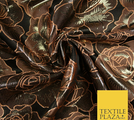 Black Peach Outline Floral Roses Textured Brocade Jacquard Dress Fabric 6783