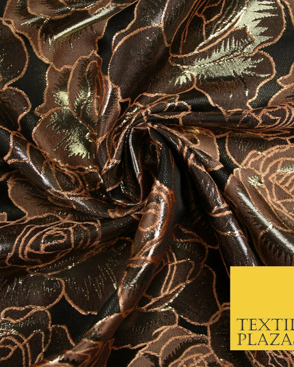 Black Peach Outline Floral Roses Textured Brocade Jacquard Dress Fabric 6783