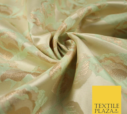 Cream Gold Mint Green Blooming Leafy Rose Flowers Brocade Jacquard Fabric 6787