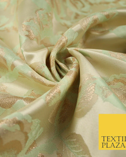 Cream Gold Mint Green Blooming Leafy Rose Flowers Brocade Jacquard Fabric 6787