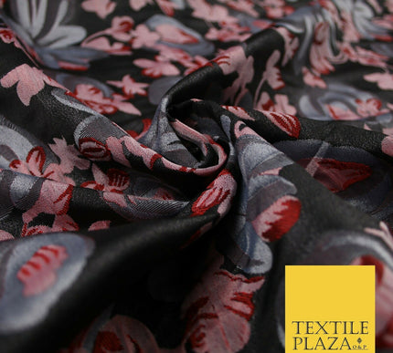 Dark Grey / Wine / Pink Artsy Floral Textured Brocade Jacquard Dress Fabric 6786