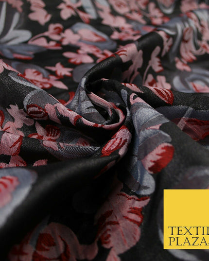 Dark Grey / Wine / Pink Artsy Floral Textured Brocade Jacquard Dress Fabric 6786