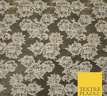 Floral Carnation Clusters Antique Gold Textured Brocade Jacquard Dress Fabric