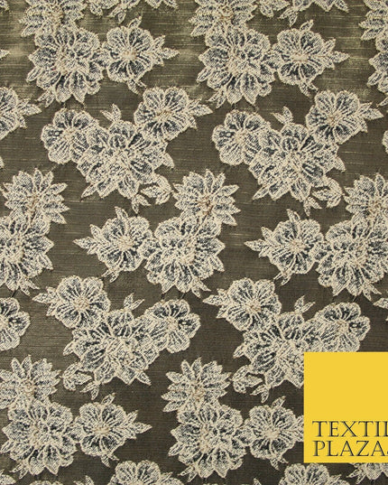 Floral Carnation Clusters Antique Gold Textured Brocade Jacquard Dress Fabric
