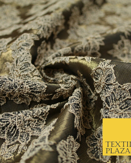 Floral Carnation Clusters Antique Gold Textured Brocade Jacquard Dress Fabric