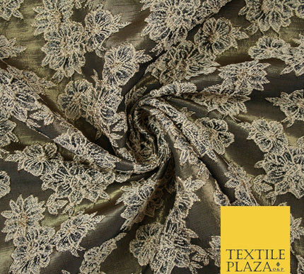 Floral Carnation Clusters Antique Gold Textured Brocade Jacquard Dress Fabric