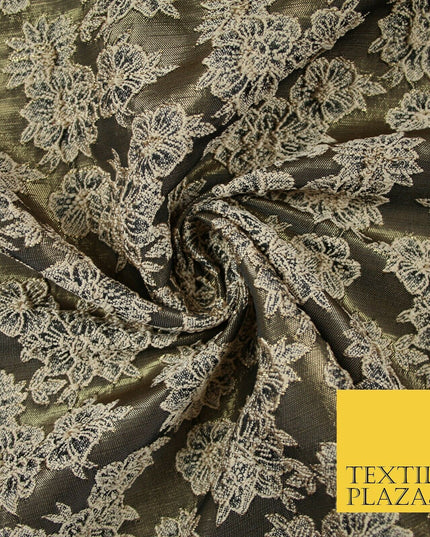 Floral Carnation Clusters Antique Gold Textured Brocade Jacquard Dress Fabric