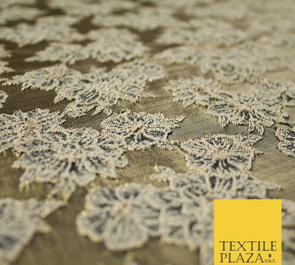 Floral Carnation Clusters Antique Gold Textured Brocade Jacquard Dress Fabric