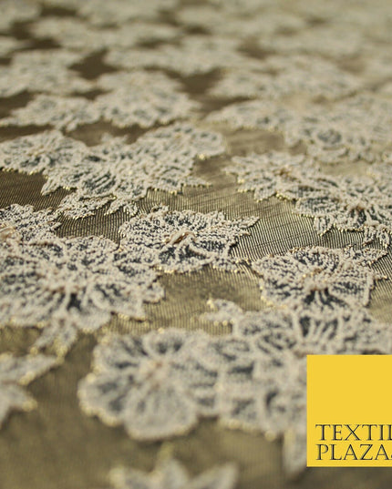 Floral Carnation Clusters Antique Gold Textured Brocade Jacquard Dress Fabric