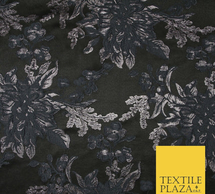 Black Grey Floral Bloom Textured Metallic Fancy Brocade Jacquard Fabric 6764
