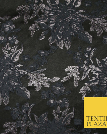 Black Grey Floral Bloom Textured Metallic Fancy Brocade Jacquard Fabric 6764