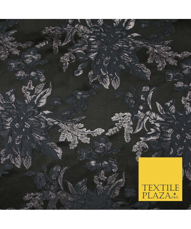 Black Grey Floral Bloom Textured Metallic Fancy Brocade Jacquard Fabric 6764