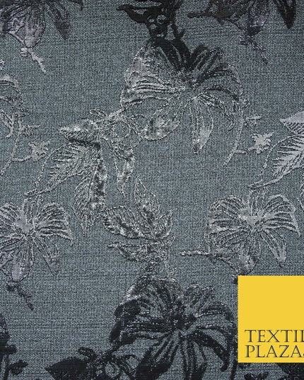 Grey Antique Silver Floral Textured Metallic Fancy Brocade Jacquard Fabric 6779