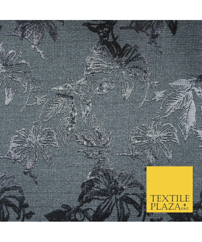 Grey Antique Silver Floral Textured Metallic Fancy Brocade Jacquard Fabric 6779