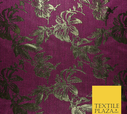 Magenta Antique Gold Floral Textured Metallic Fancy Brocade Jacquard Fabric 6766