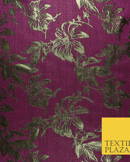 Magenta Antique Gold Floral Textured Metallic Fancy Brocade Jacquard Fabric 6766