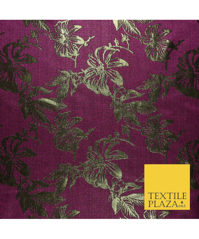 Magenta Antique Gold Floral Textured Metallic Fancy Brocade Jacquard Fabric 6766