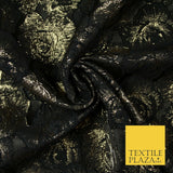Black Antique Gold Floral Textured Metallic Fancy Brocade Jacquard Fabric 6765