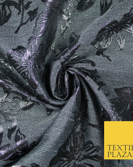 Grey Antique Silver Floral Textured Metallic Fancy Brocade Jacquard Fabric 6779