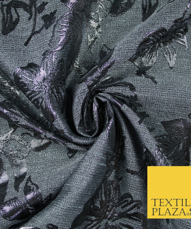 Grey Antique Silver Floral Textured Metallic Fancy Brocade Jacquard Fabric 6779