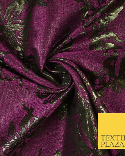 Magenta Antique Gold Floral Textured Metallic Fancy Brocade Jacquard Fabric 6766